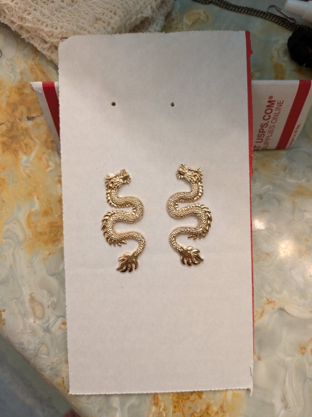 Gold Dragon Worm Wingless Stud Earrings Metal Asian Chinese Japanese